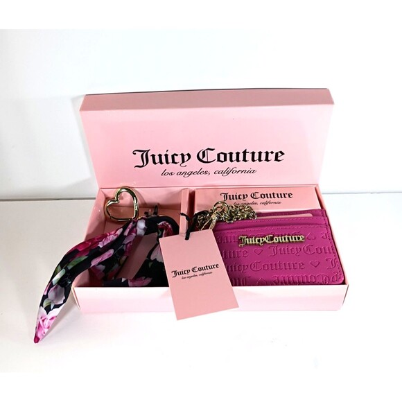 Juicy Couture Handbags - NWT Juicy Couture Hot Pink Card Wallet Key Chain & Scarf Gift Set Open Box